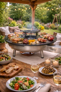 Brasero/plancha ou barbecue, à gaz de table d'un diamètre de 650mm, parfait pour un moment conviviable à partager en famille et ou entre amis; Offre plusieurs avantages, cuisson de viande comme de poissons accompagné de légumes frais, a chacun son envie.