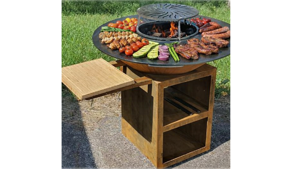 Brasero plancha acier Corten d'un diamètre 1metre avec option roulettes rétractables.